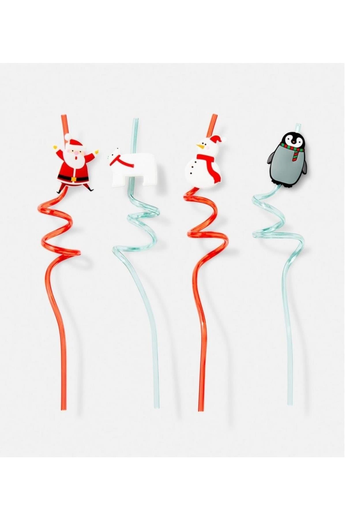 Yılbaşı Özel Ithal 4lü Tekrar Kullanabilir Pipet Seti Noel Baba Kardan Adam Kutup Ayısı Penguen