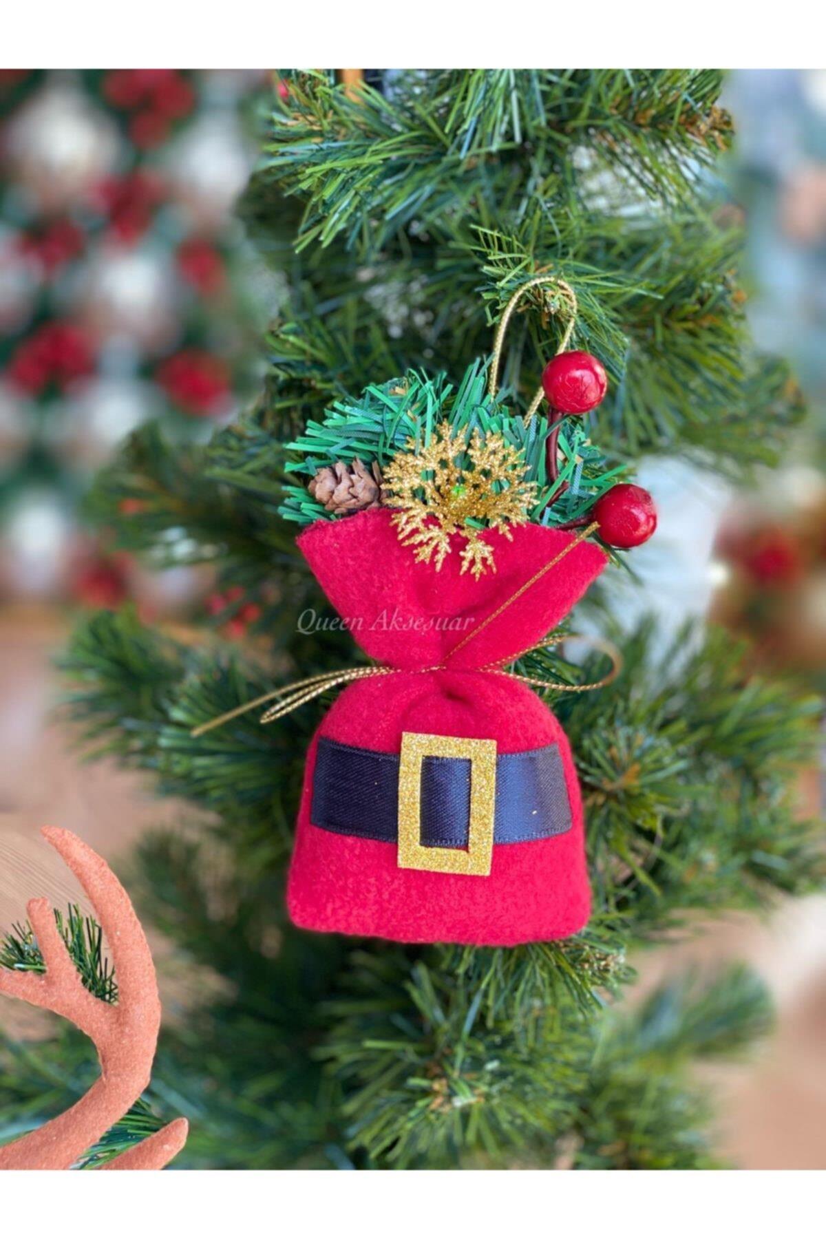 Yılbaşı Özel Tasarım Noel Baba Çuval Torba Kemer Kese Simli Çam Ağacı Süs Lüks Dekorasyon