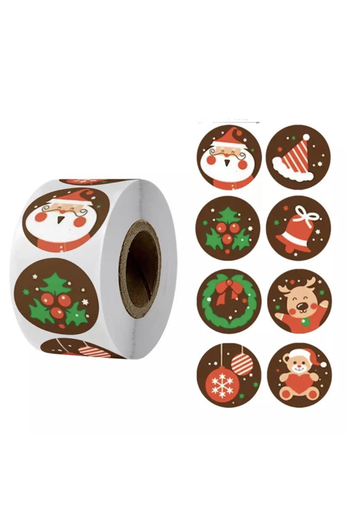Yılbaşı Özel Yuvarlak Hediye Paket Süs Sticker Etiket Seti 500 Adet Çam Ağacı Noel Baba Geyik Ayıcık