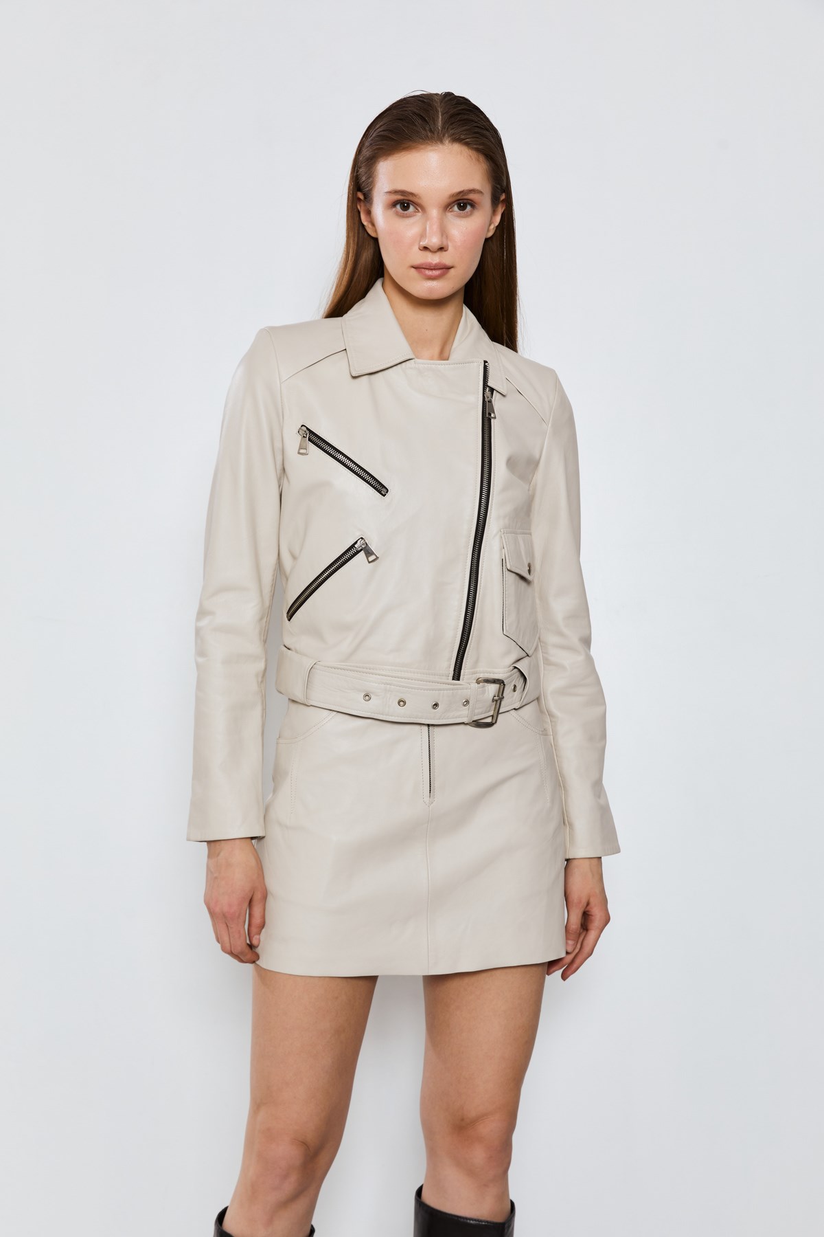 Beige Leather Biker Jacket