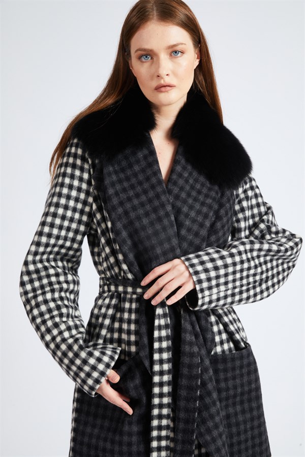 Black and White Check Collar Fur Coat Italian Alpaca Coat