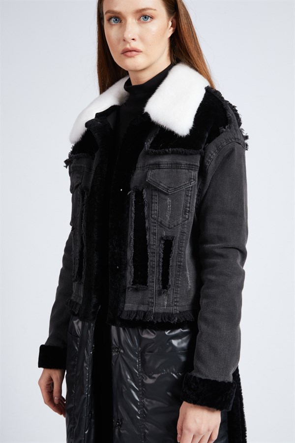 Black Black Denim Collar Fur Long Coat