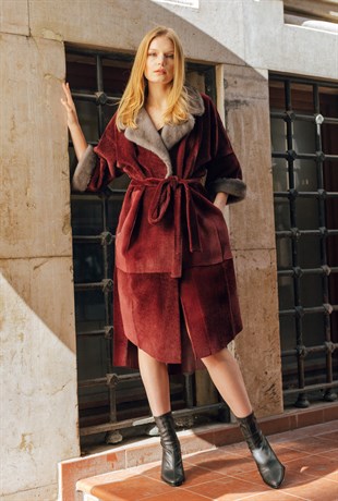 Burgundy Collar and Cuffs Fur Coat