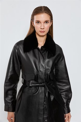 Black Burgundy Leather Collar and Fur Long Jacket