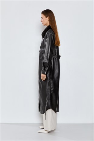 Black Burgundy Leather Collar and Fur Long Jacket