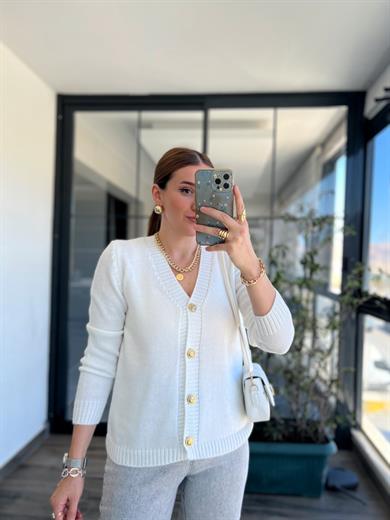 HIRKAGold düğme detaylı triko hırka BEYAZ