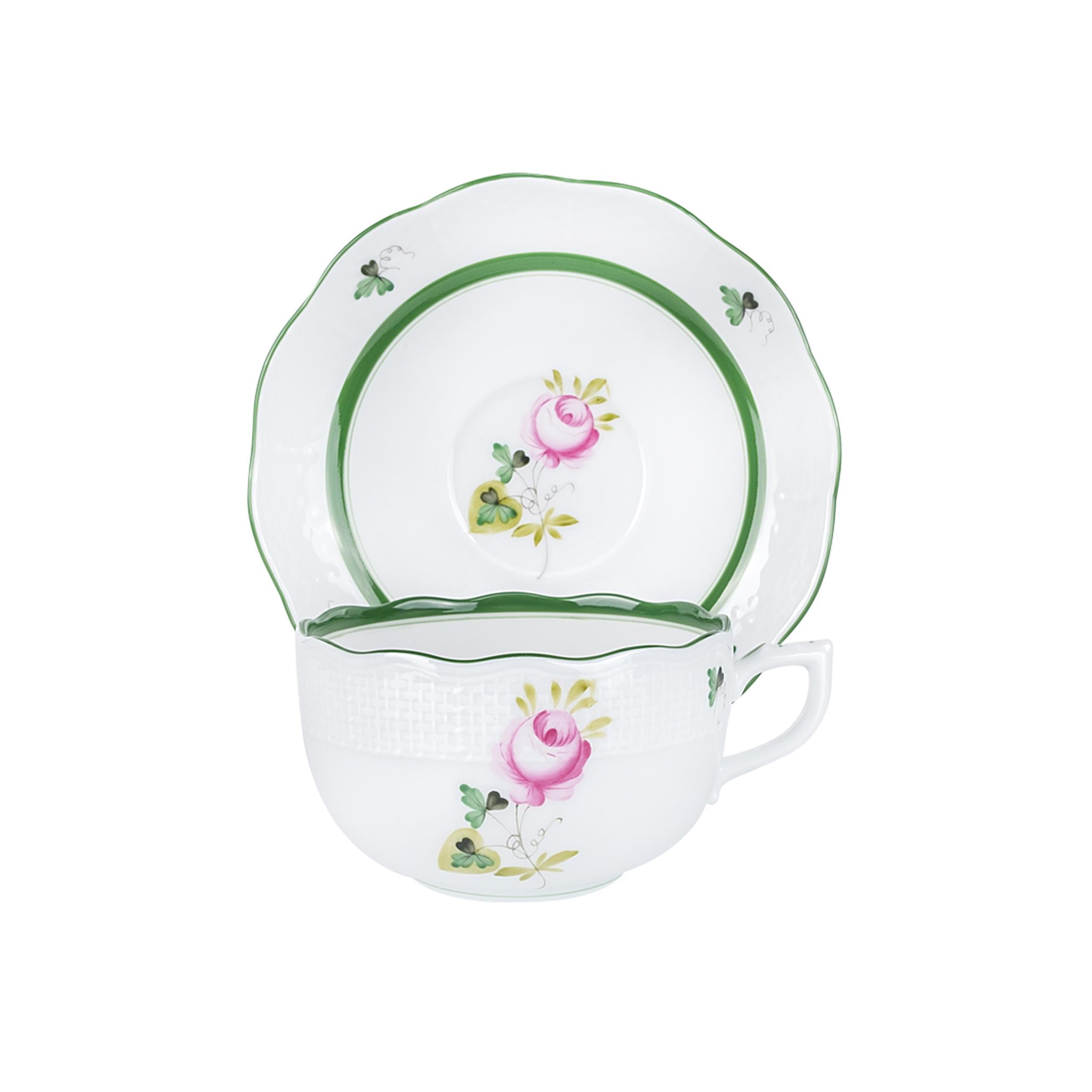 HEREND Çay Fincanı & Tabağı 200ml Vienna Rose Yeşil Çizgili Pembe Güllü