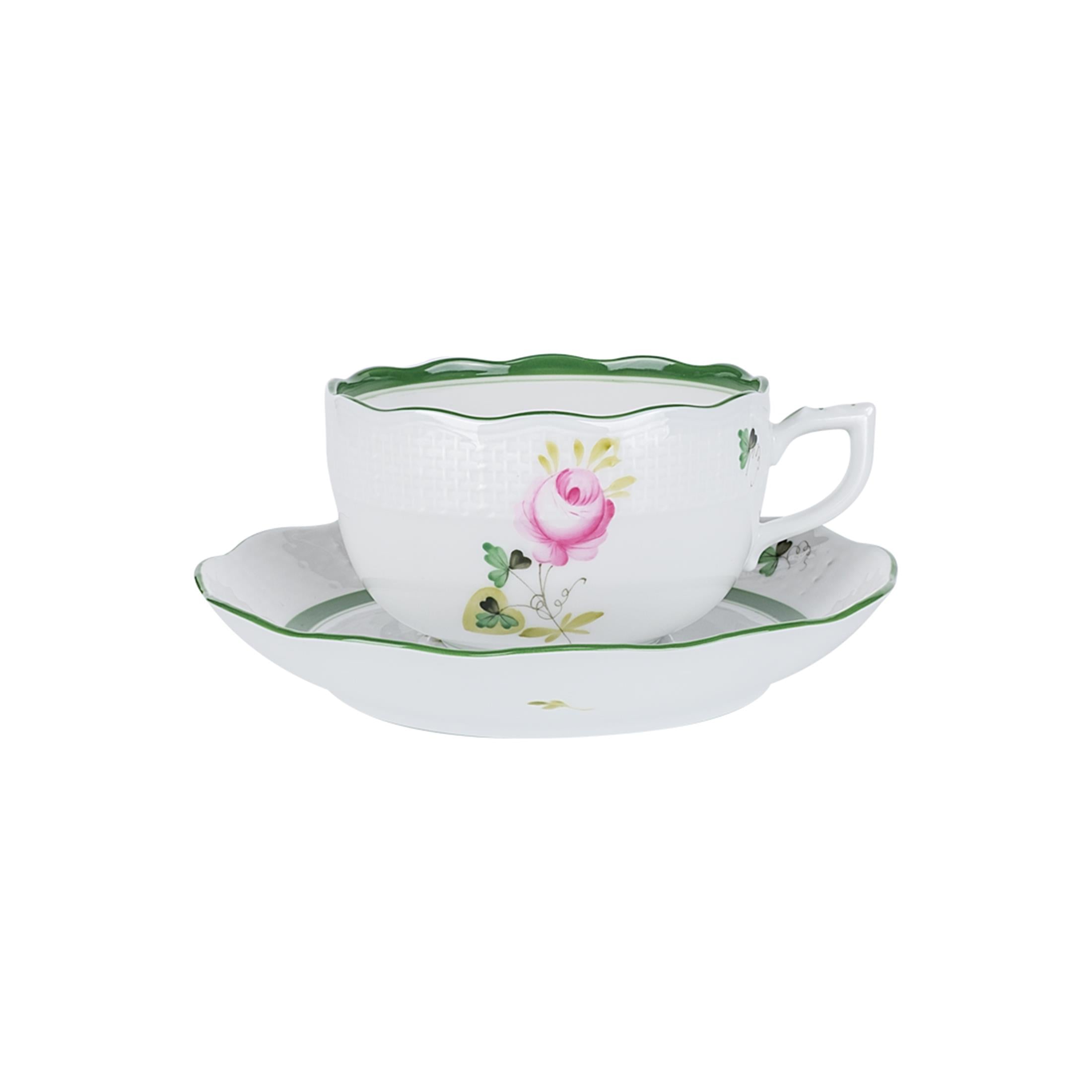 HEREND Çay Fincanı & Tabağı 200ml Vienna Rose Yeşil Çizgili Pembe Güllü