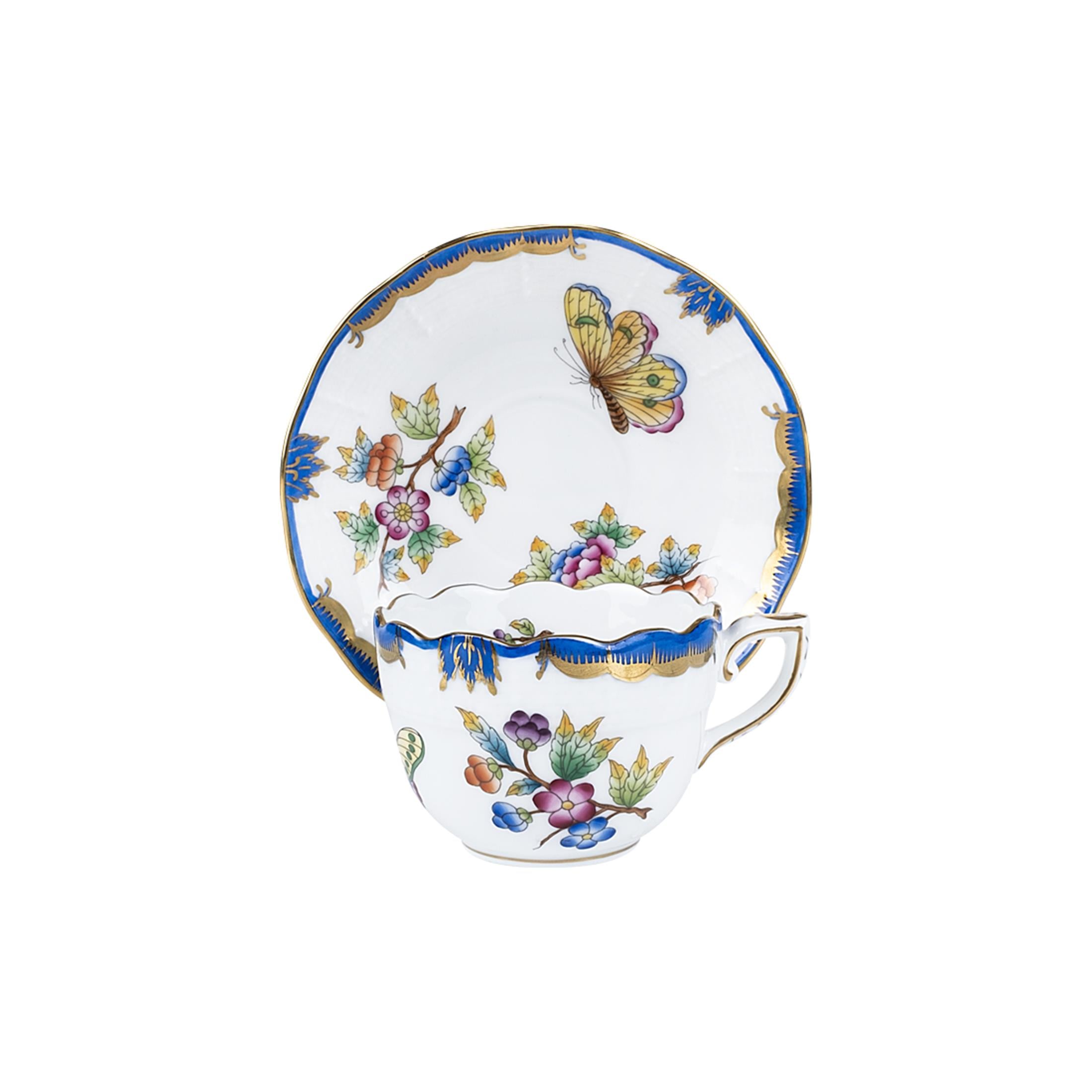 HEREND Kahve Fincanı & Tabağı 110ml Queen Victoria Çok Desenli Mavi Kenar