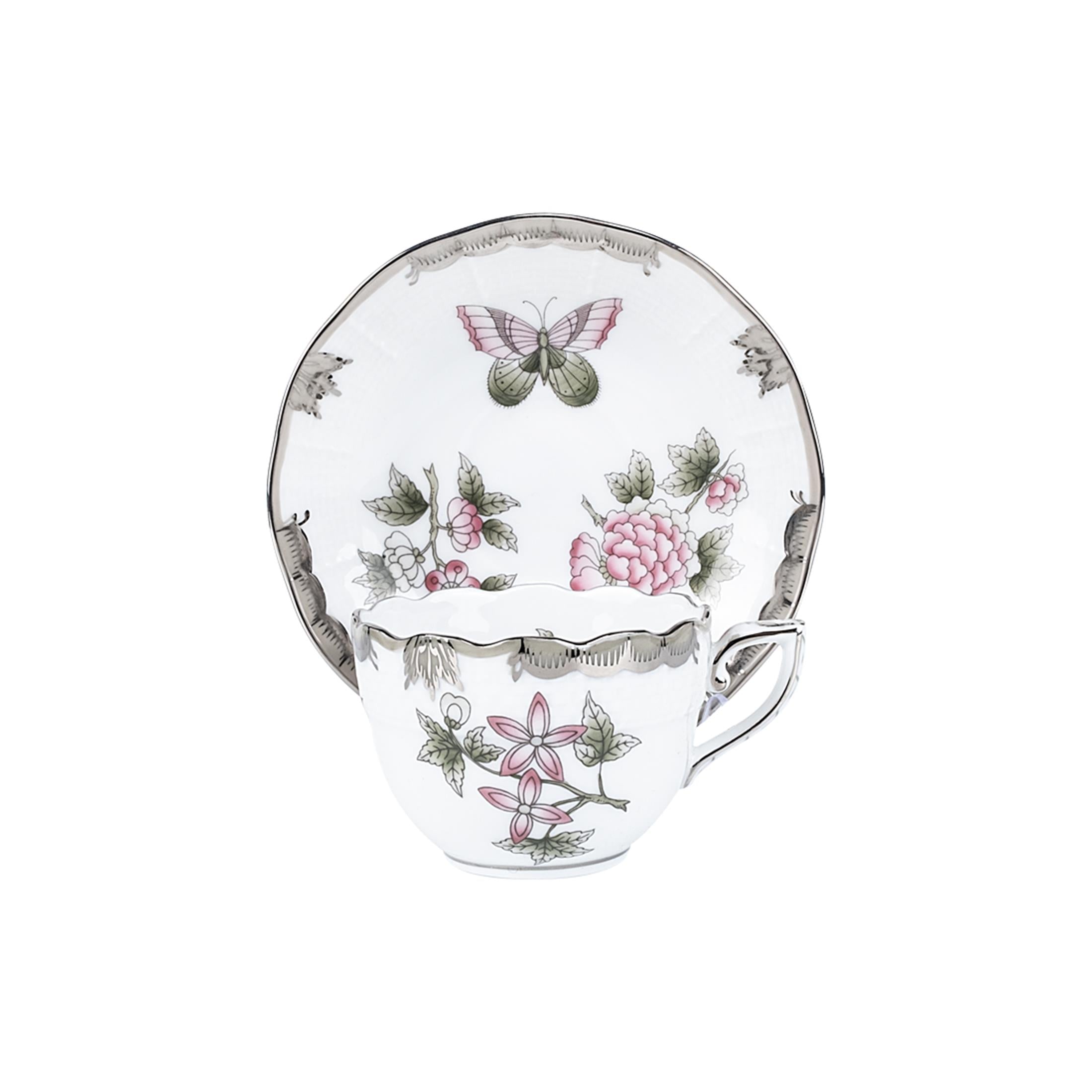 HEREND Kahve Fincanı & Tabağı 110ml Queen Victoria Çok Desenli Platinyum Kenar