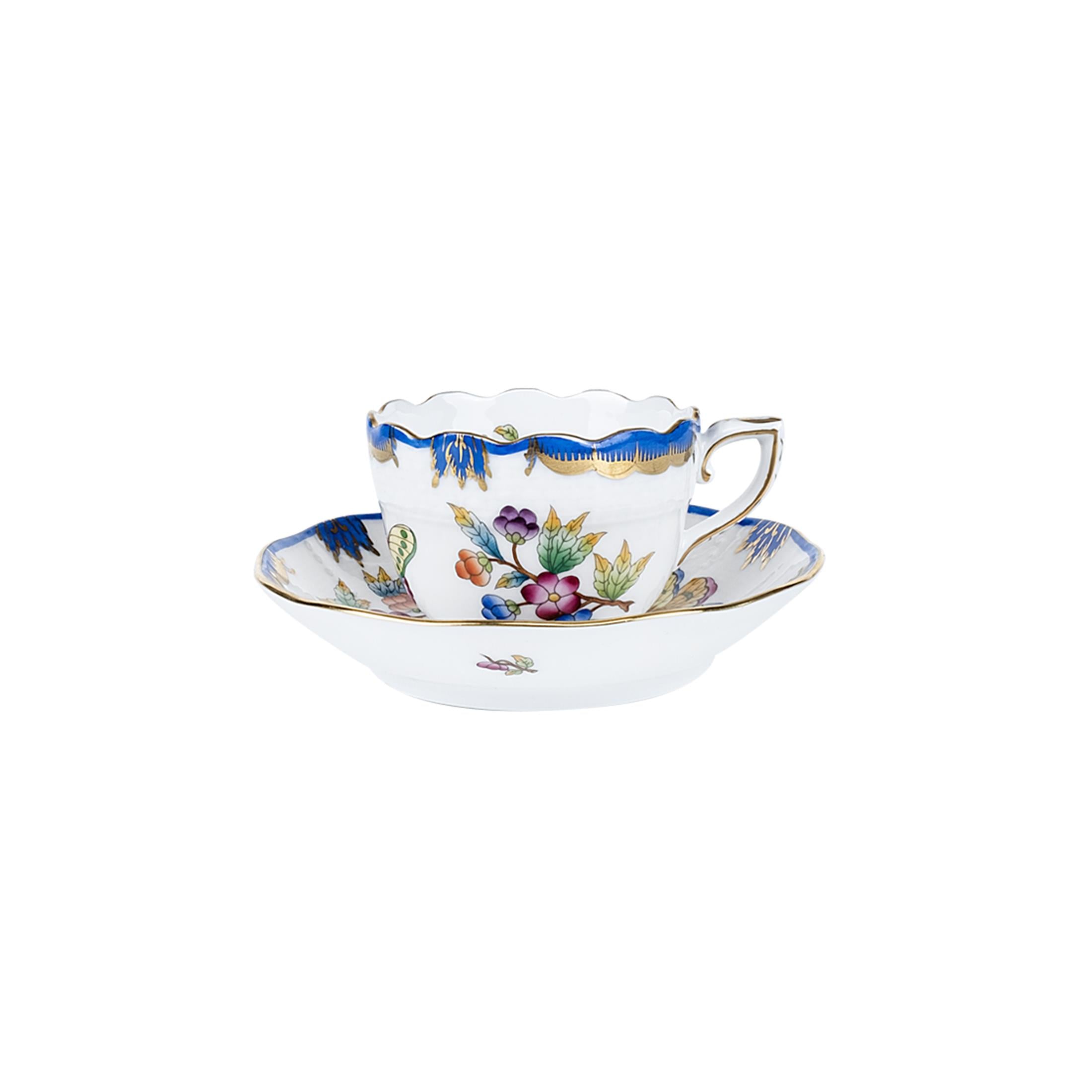 HEREND Kahve Fincanı & Tabağı 110ml Queen Victoria Çok Desenli Mavi Kenar