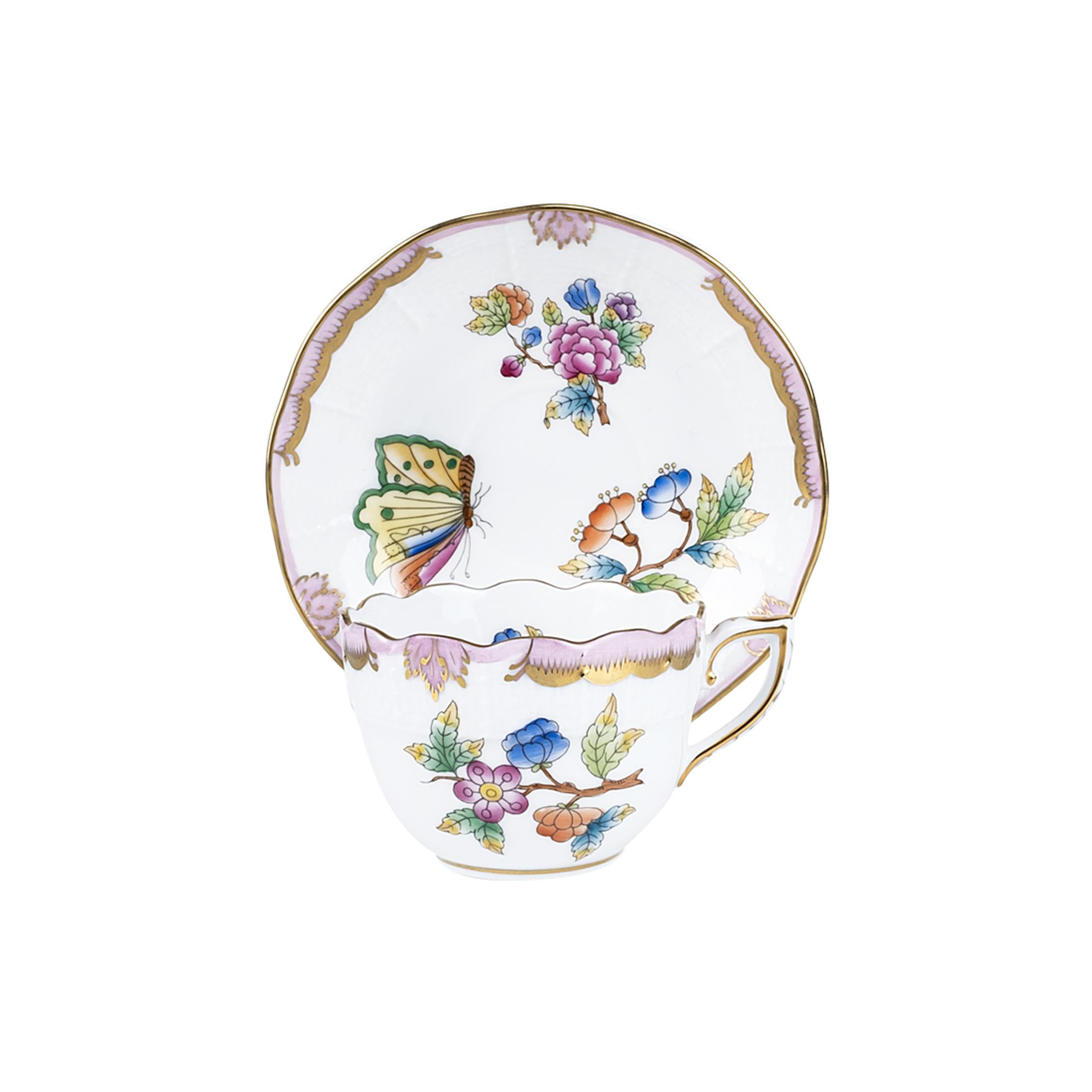 HEREND Kahve Fincanı & Tabağı 110ml Queen Victoria Çok Desenli Açık Pembe Kenar