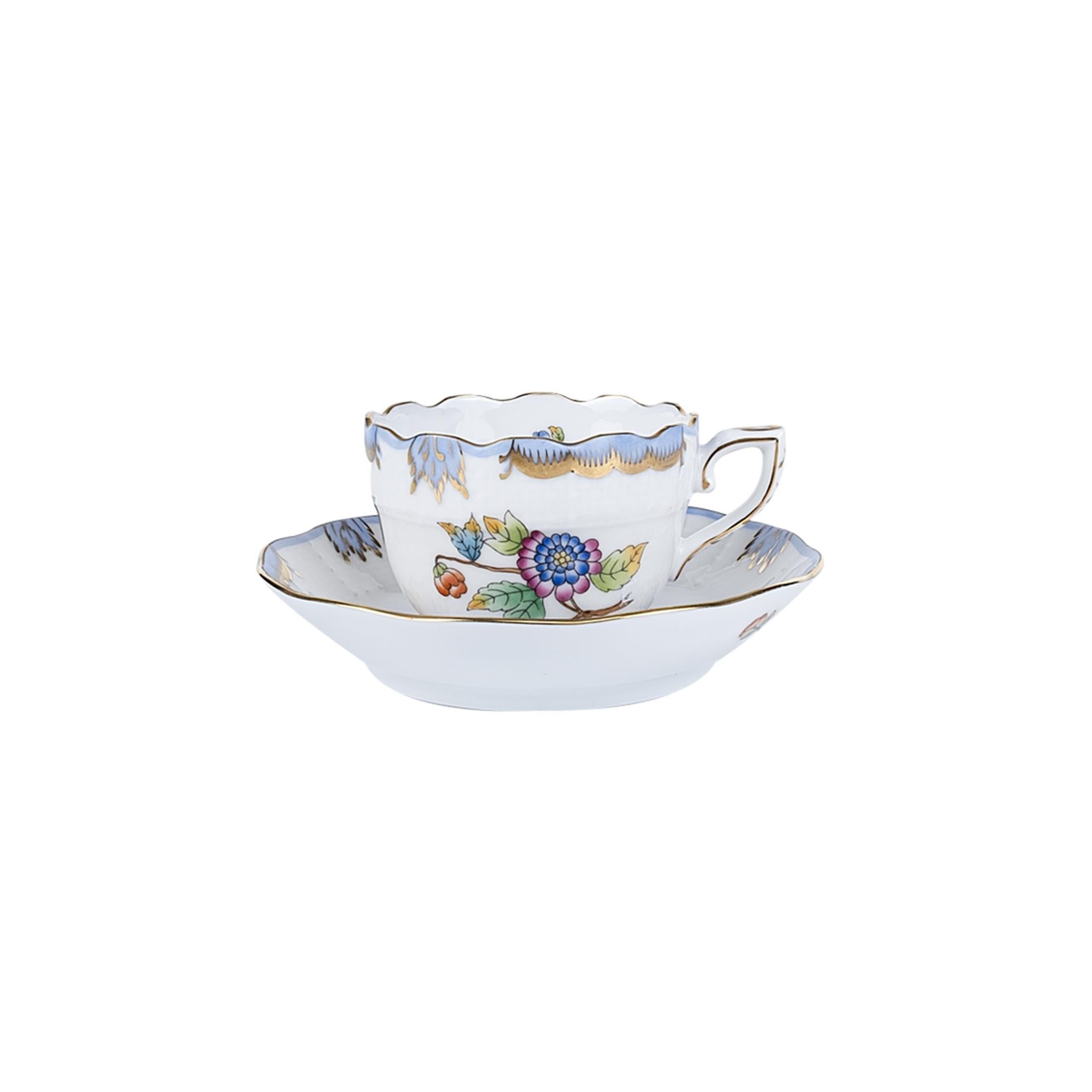 HEREND Kahve Fincanı & Tabağı 110ml Queen Victoria Az Desenli Açık Mavi Kenar