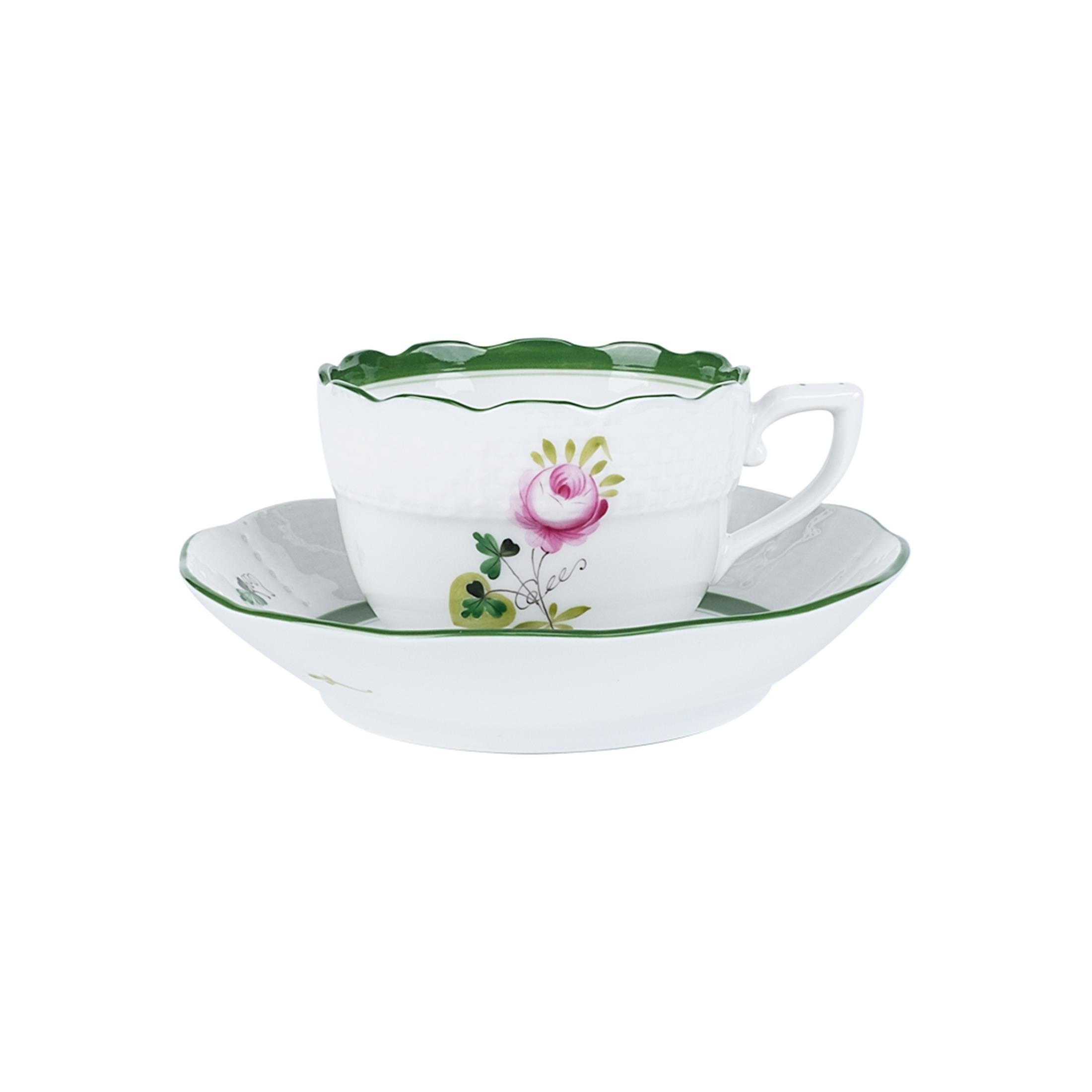 HEREND Kahve Fincanı & Tabağı 110ml Vienna Rose Yeşil Çizgili Pembe Güllü