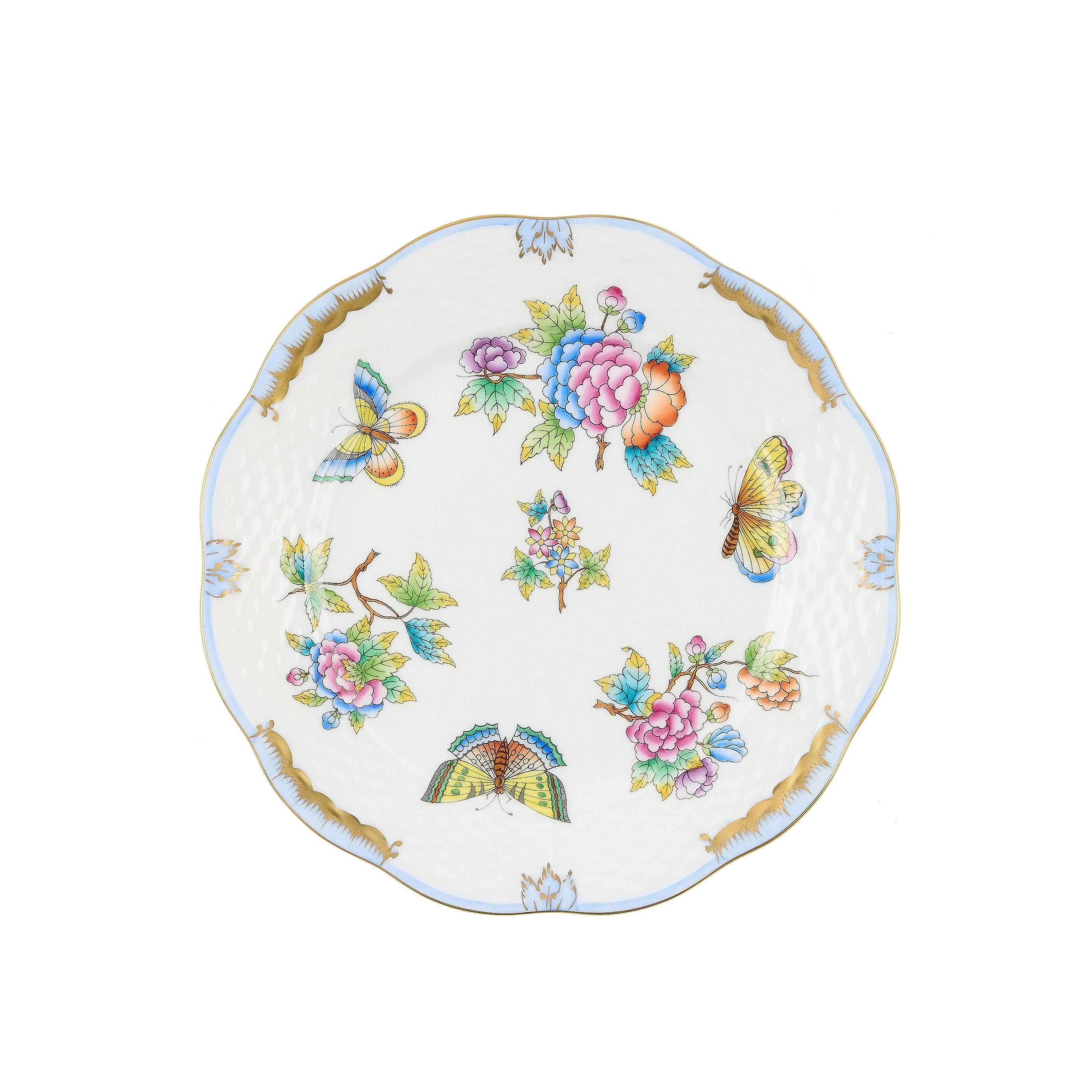 HEREND Pasta Tabağı 19cm Queen Victoria Renkli Açık Mavi Kenar