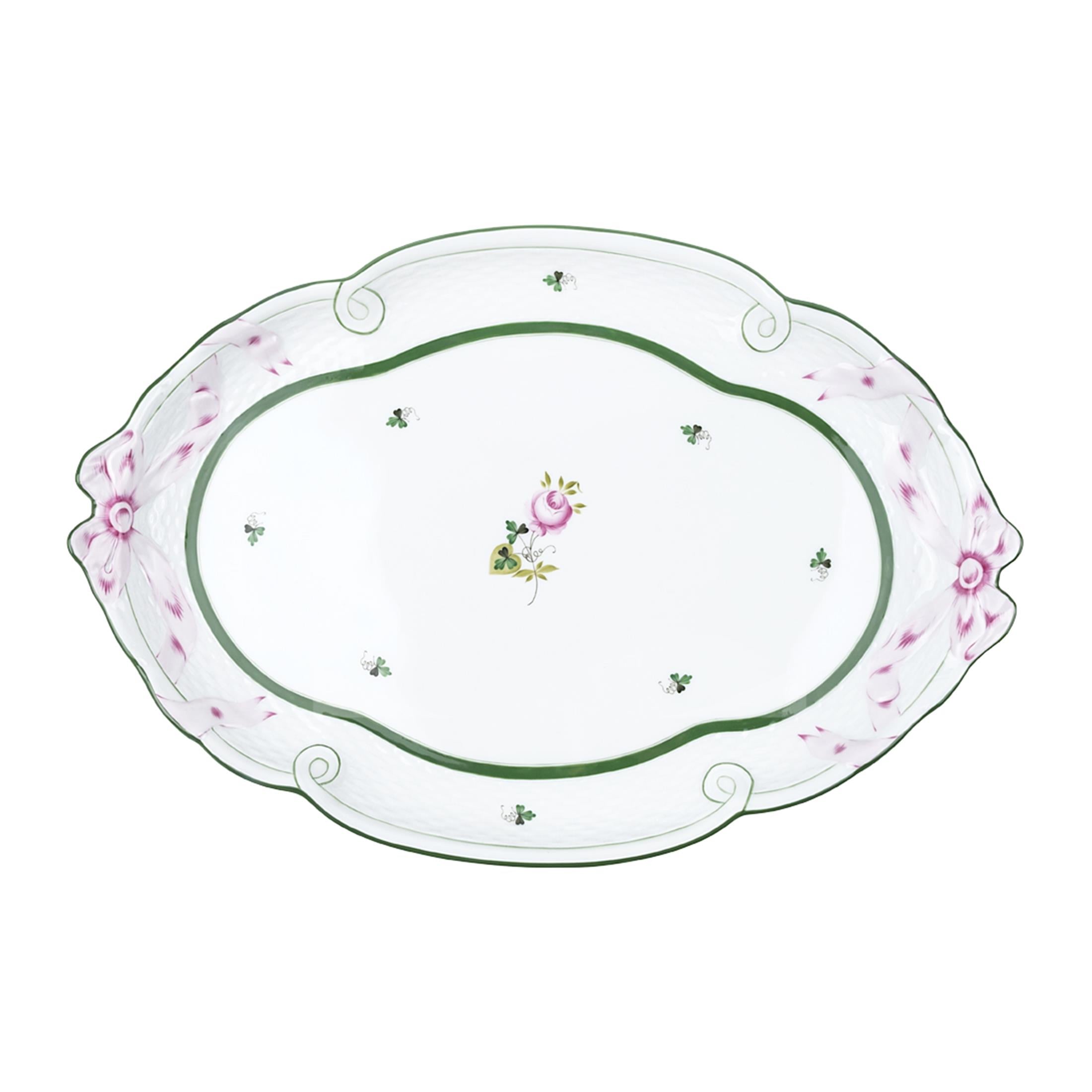HEREND Tray Big Bow 40,5cm Vienna Rose Green Striped Pink Rose