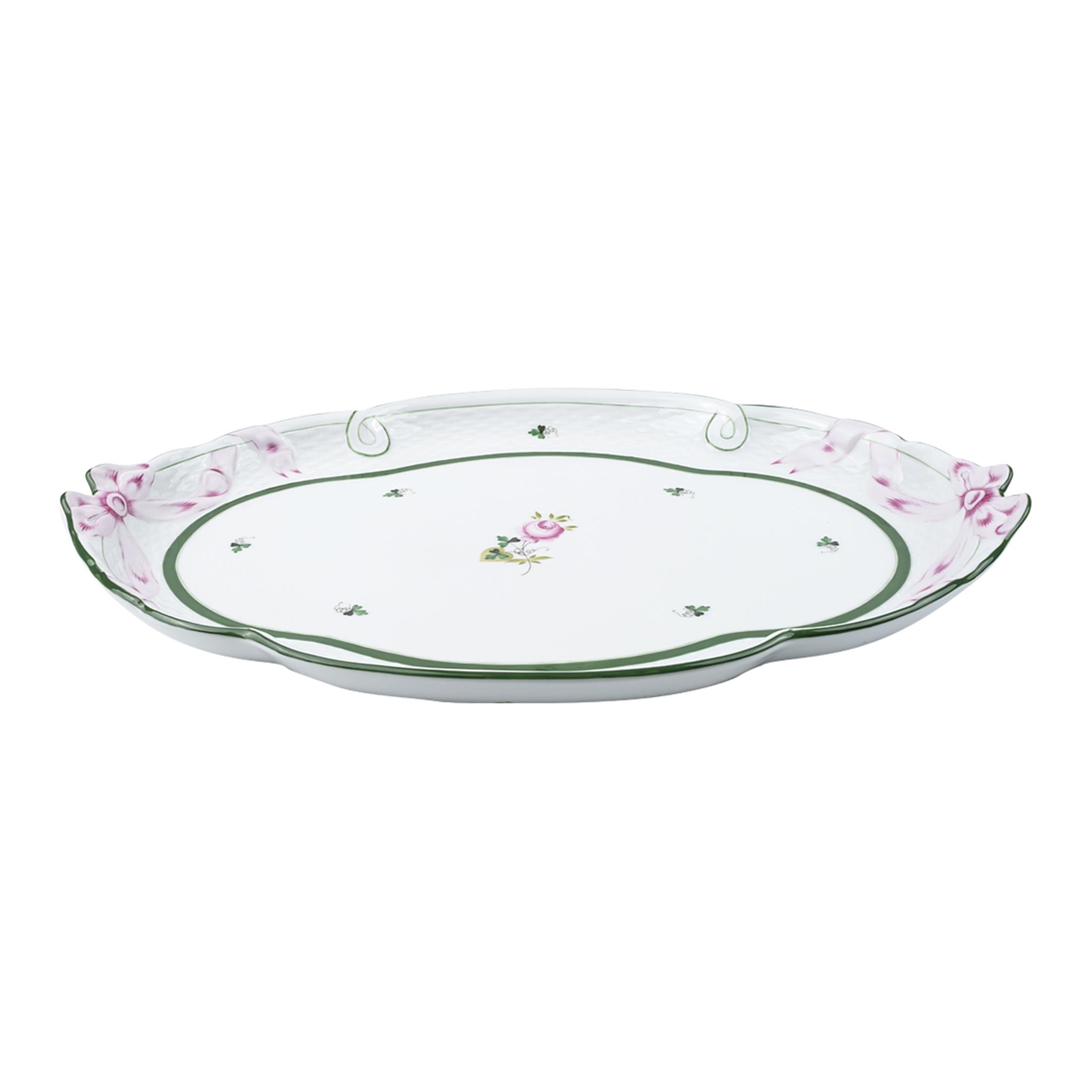 HEREND Tray Big Bow 40,5cm Vienna Rose Green Striped Pink Rose
