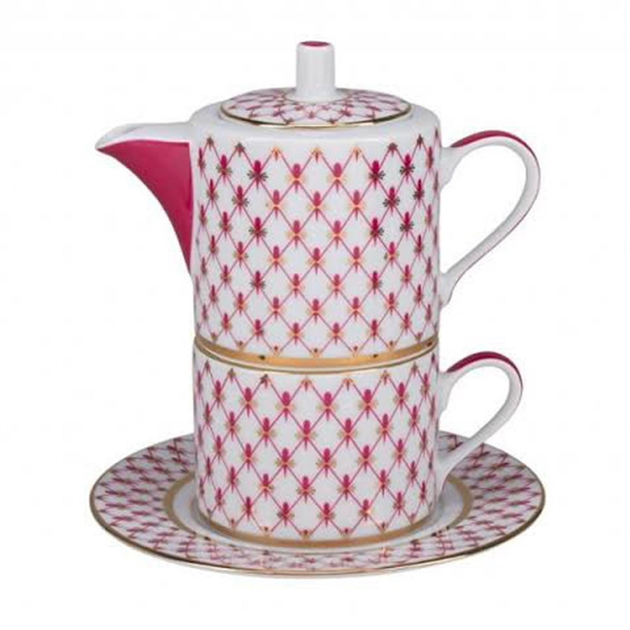 IMPERIAL PORCELAIN Demlik Fincan Takımı Hediye Seti Net-blues Pembe