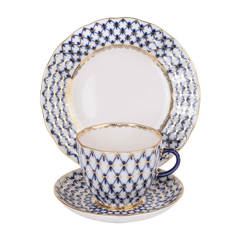 IMPERIAL PORCELAIN TRIO Kahve Fincanı 140 ml ve  Pasta Tabağı 15 cm  Cobalt net Mavi