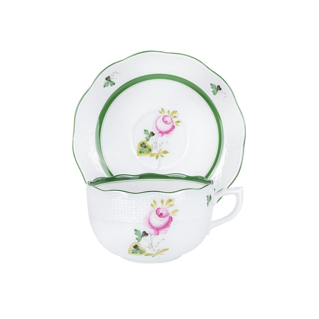 HEREND Çay Fincanı & Tabağı 200ml Vienna Rose Yeşil Çizgili Pembe Güllü