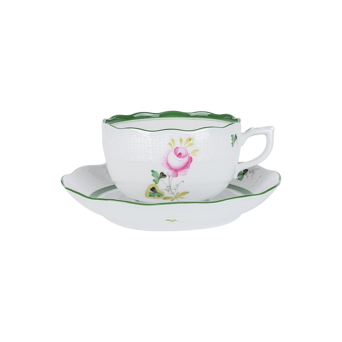 HEREND Çay Fincanı & Tabağı 200ml Vienna Rose Yeşil Çizgili Pembe Güllü