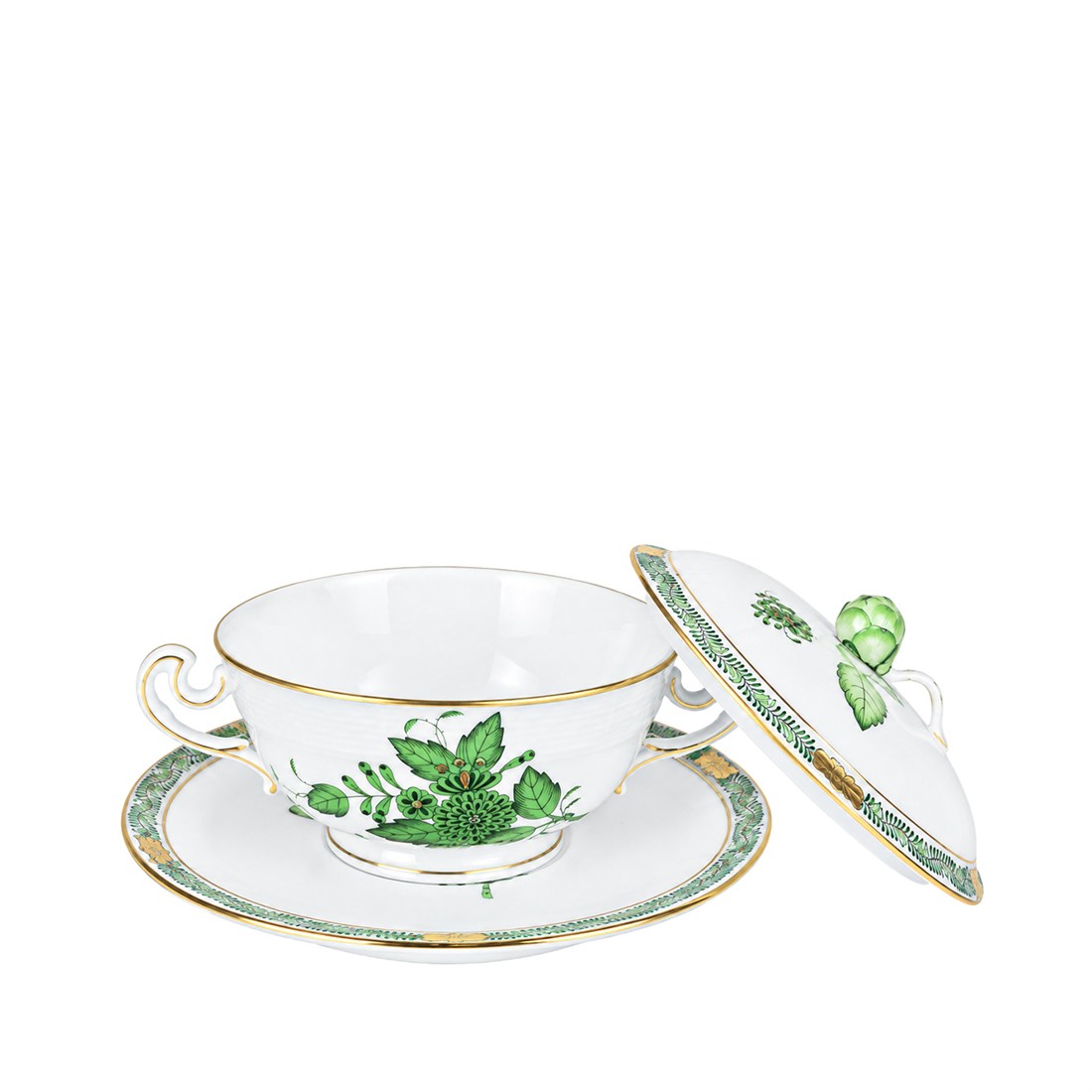 HEREND Soup Bowl Set 3 Piece Apponyi Green