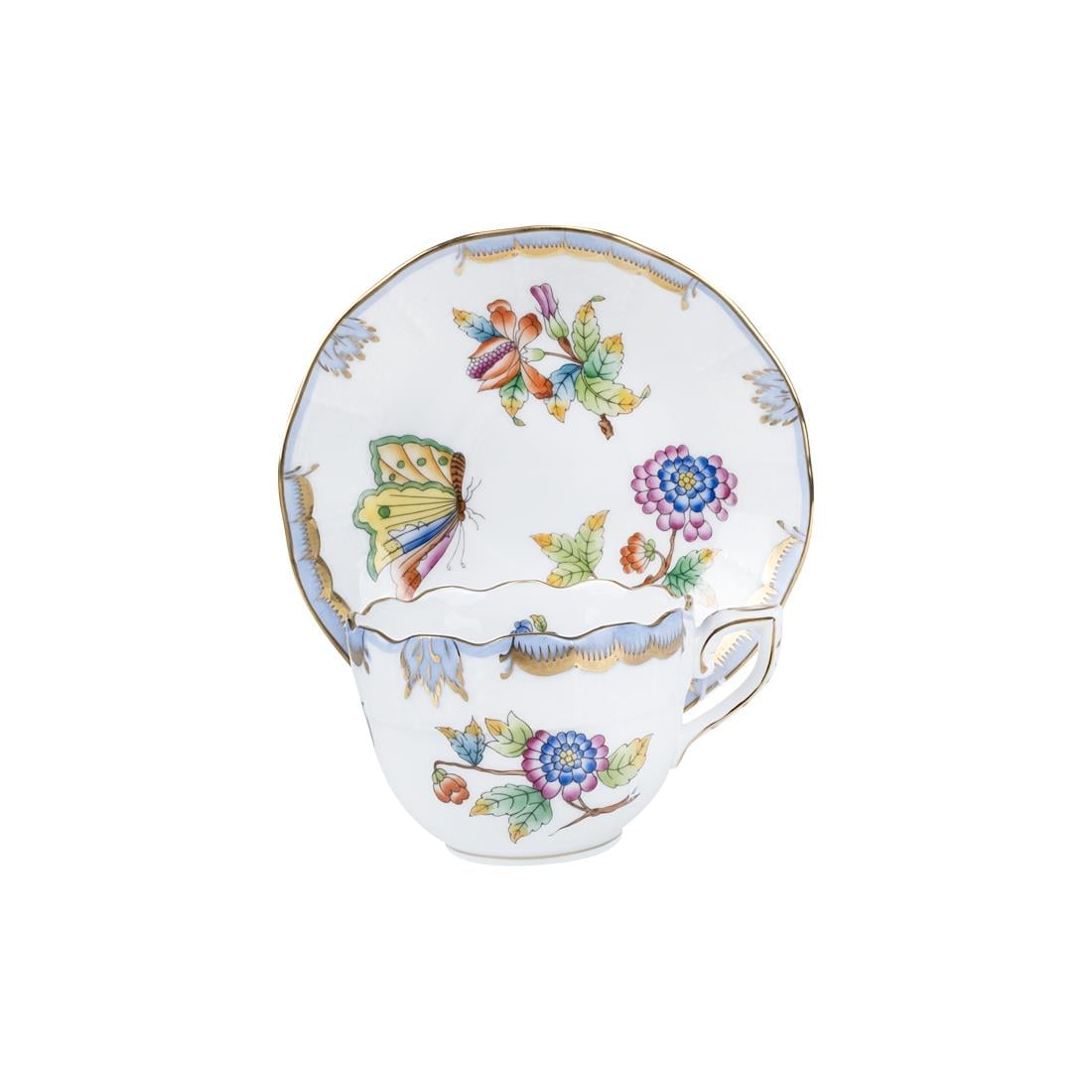 HEREND Kahve Fincanı & Tabağı 110ml Queen Victoria Çok Desenli Açık Mavi Kenar