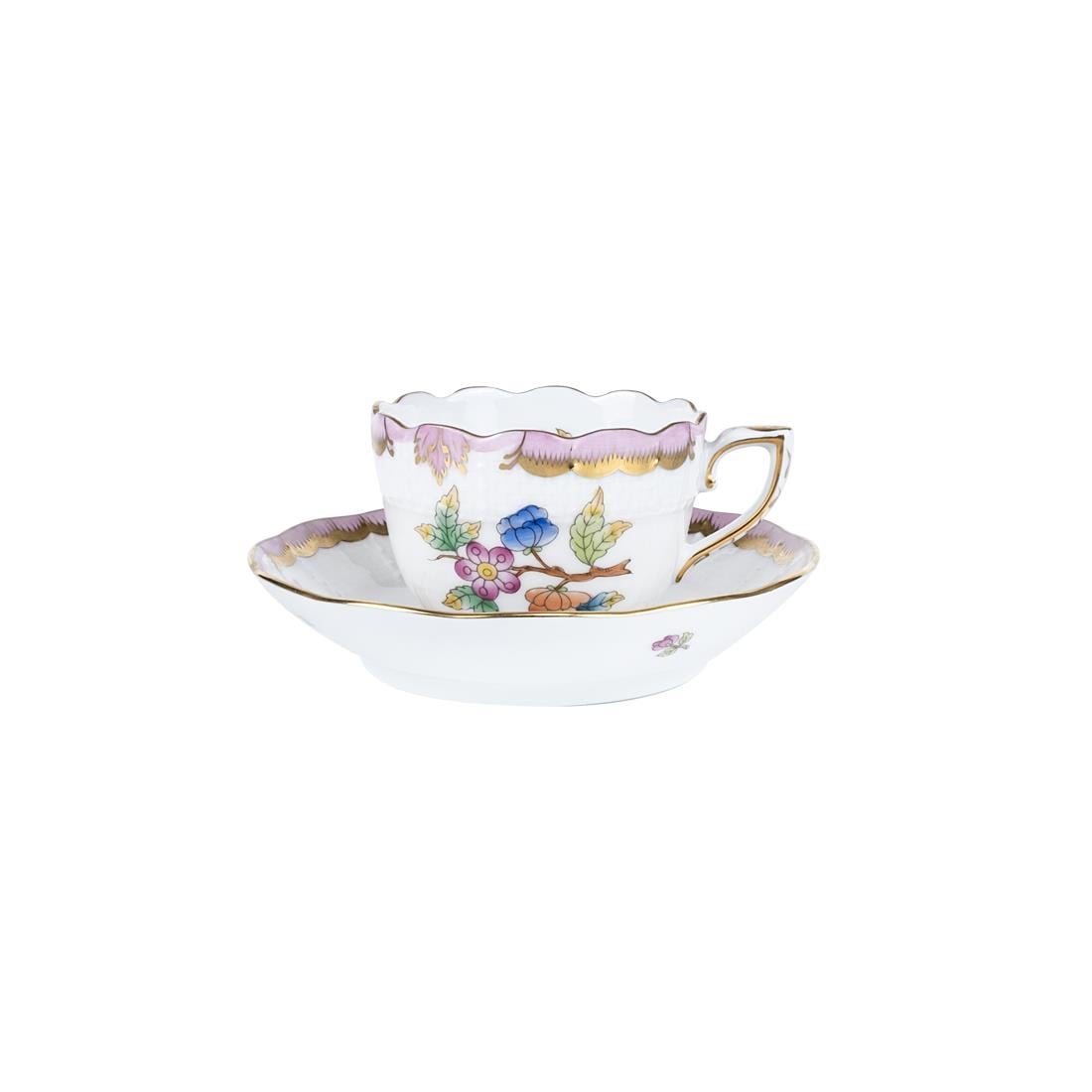 HEREND Kahve Fincanı & Tabağı 110ml Queen Victoria Çok Desenli Açık Pembe Kenar