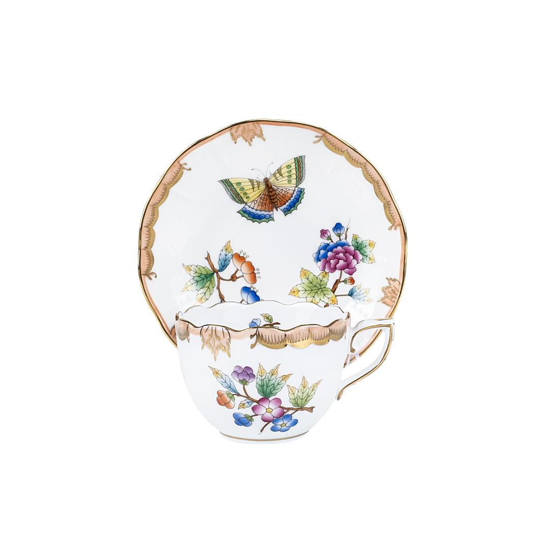 HEREND Kahve Fincanı & Tabağı 110ml Queen Victoria Çok Desenli Turuncu Kenar