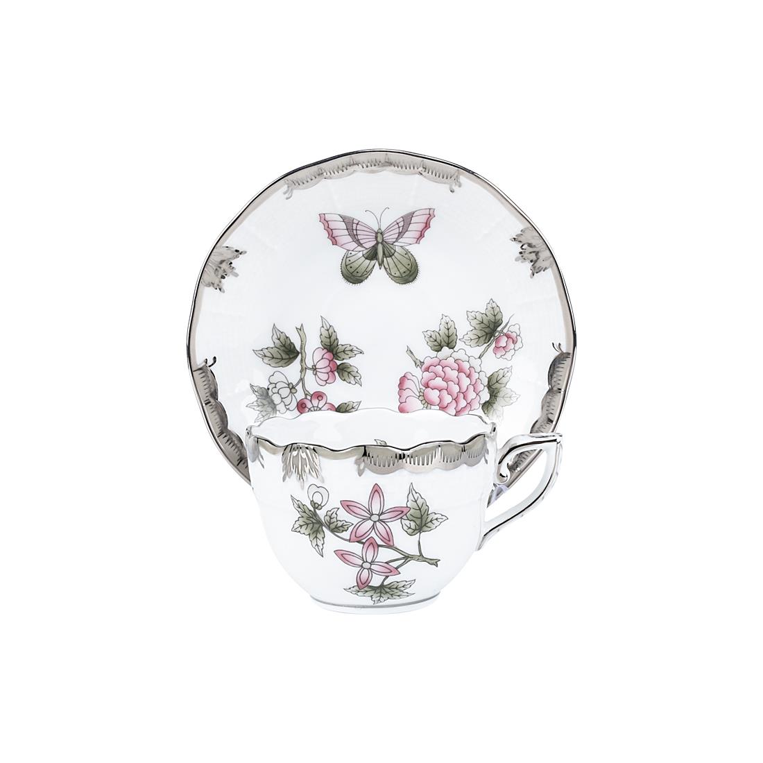 HEREND Kahve Fincanı & Tabağı 110ml Queen Victoria Çok Desenli Platinyum Kenar