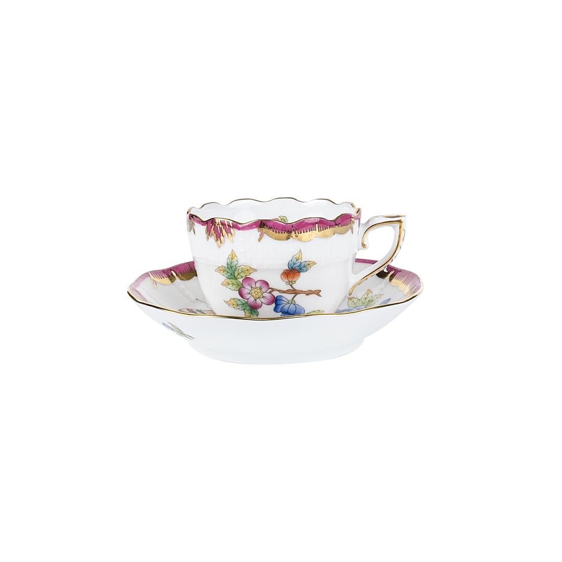 HEREND Kahve Fincanı & Tabağı 110ml Queen Victoria Çok Desenli Pembe Kenar
