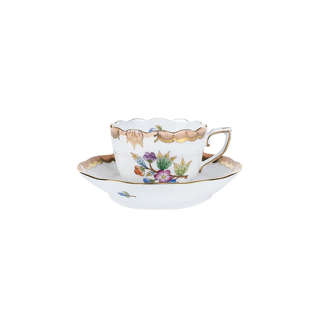 HEREND Kahve Fincanı & Tabağı 110ml Queen Victoria Çok Desenli Turuncu Kenar