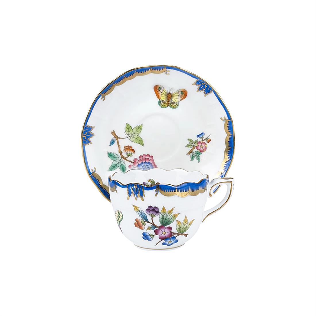 HEREND Kahve Fincanı & Tabağı 110ml Queen Victoria Az Desenli Mavi Kenar