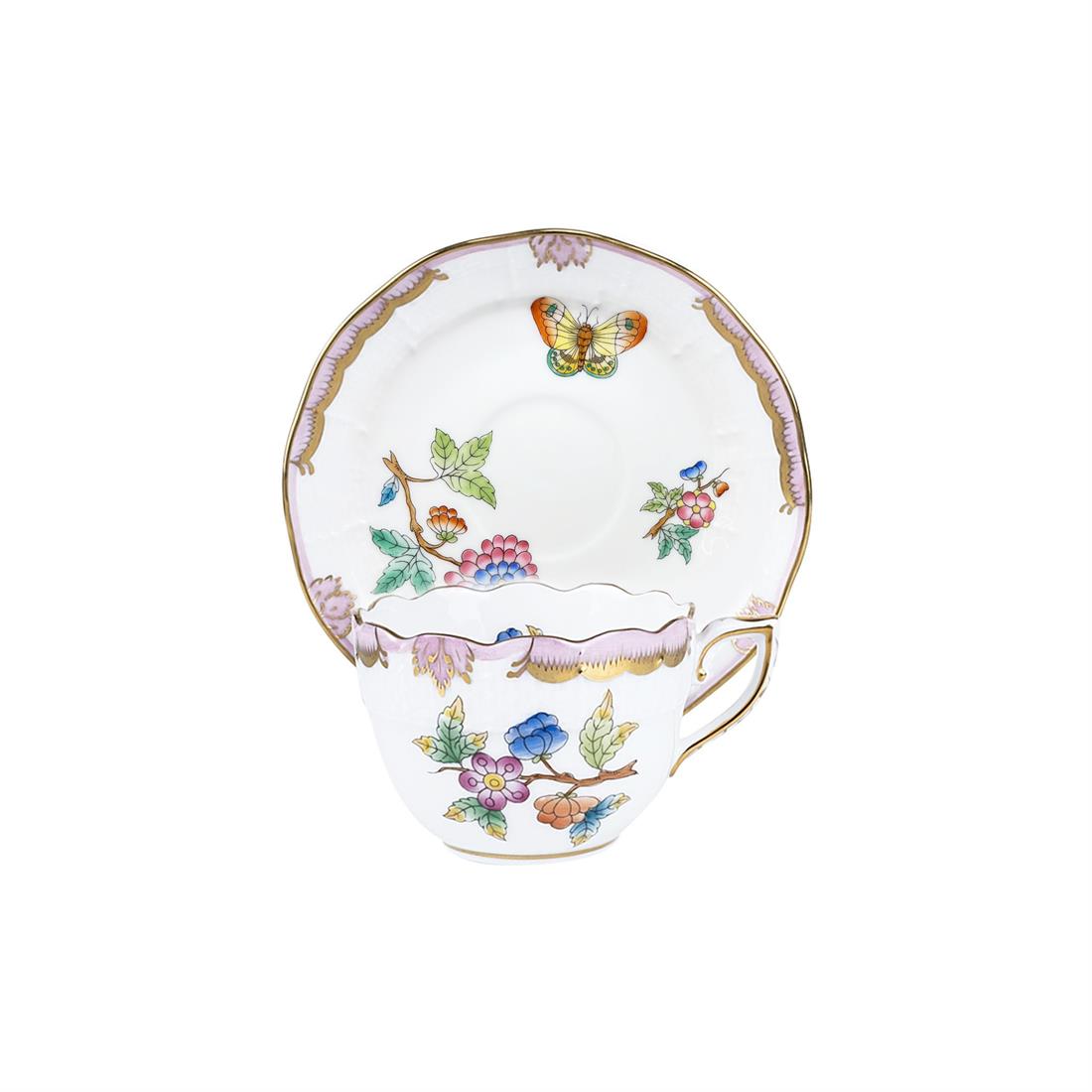 HEREND Kahve Fincanı & Tabağı 110ml Queen Victoria Az Desenli Açık Pembe Kenar