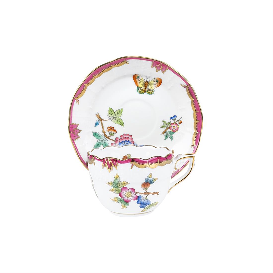 HEREND Kahve Fincanı & Tabağı 110ml Queen Victoria Az Desenli Pembe Kenar
