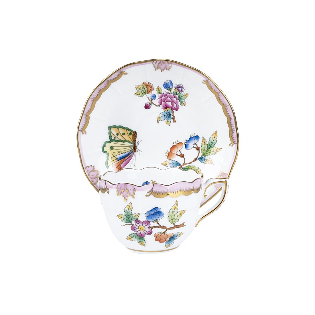 HEREND Kahve Fincanı & Tabağı 110ml Queen Victoria Çok Desenli Açık Pembe Kenar