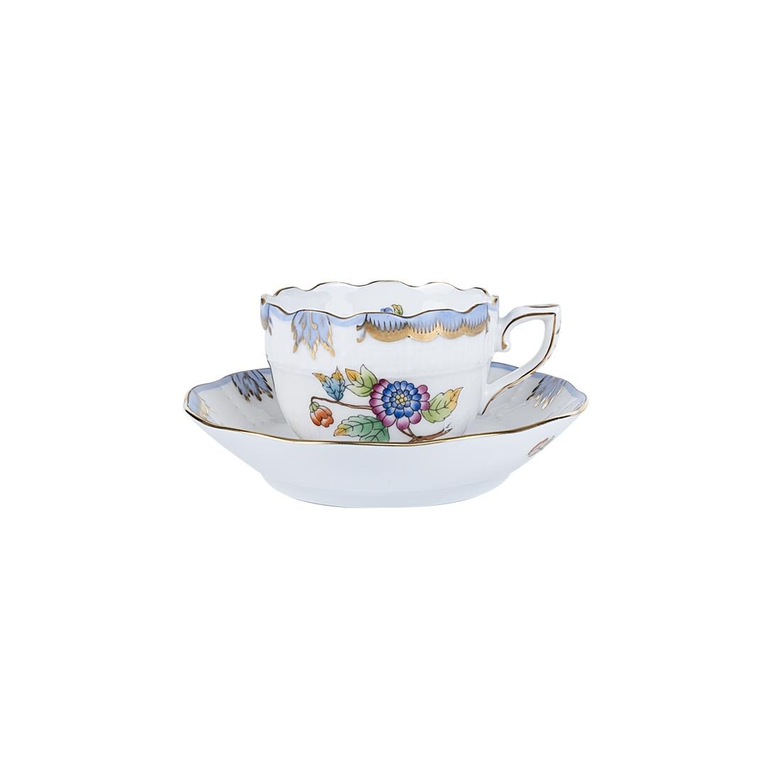 HEREND Kahve Fincanı & Tabağı 110ml Queen Victoria Çok Desenli Açık Mavi Kenar