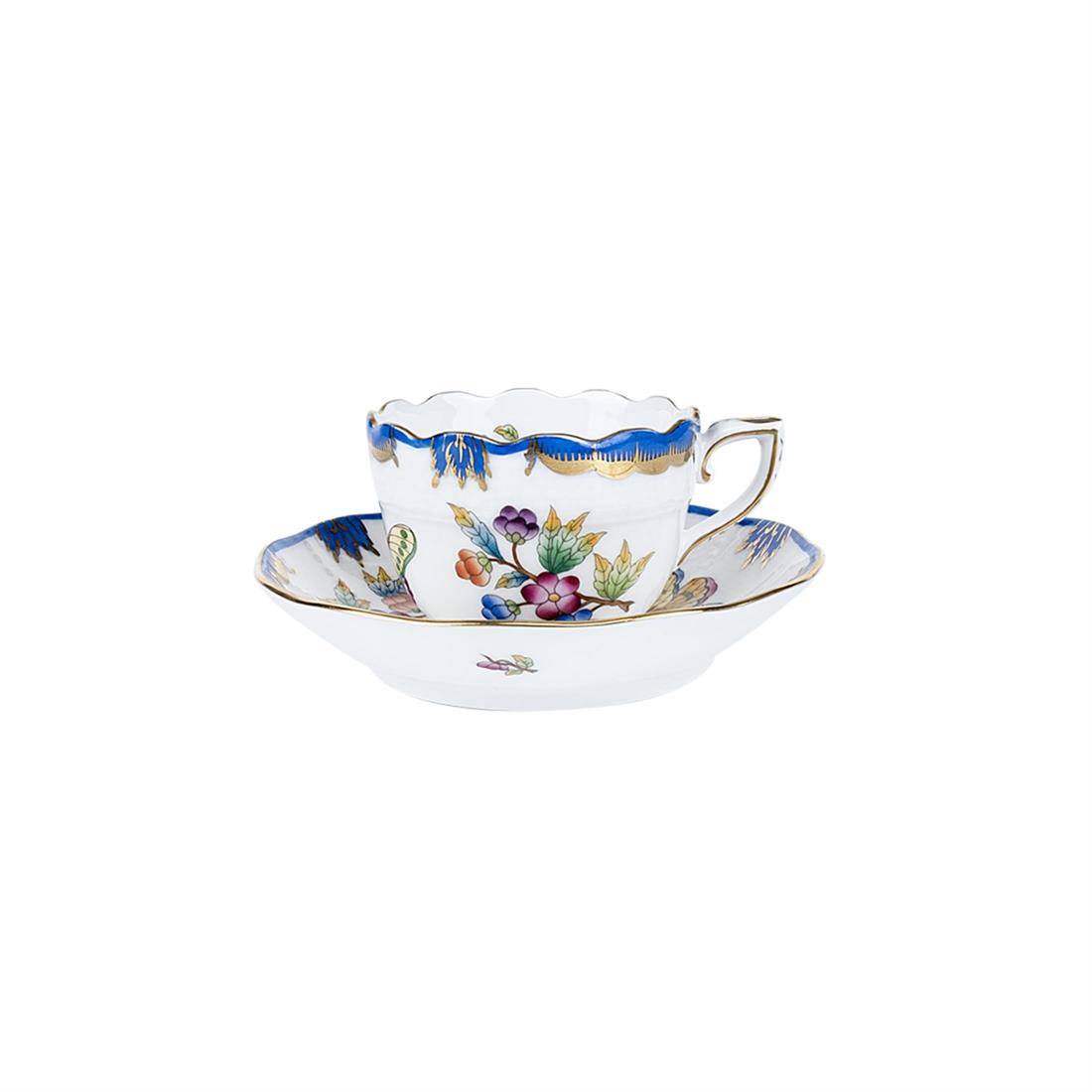 HEREND Kahve Fincanı & Tabağı 110ml Queen Victoria Az Desenli Mavi Kenar