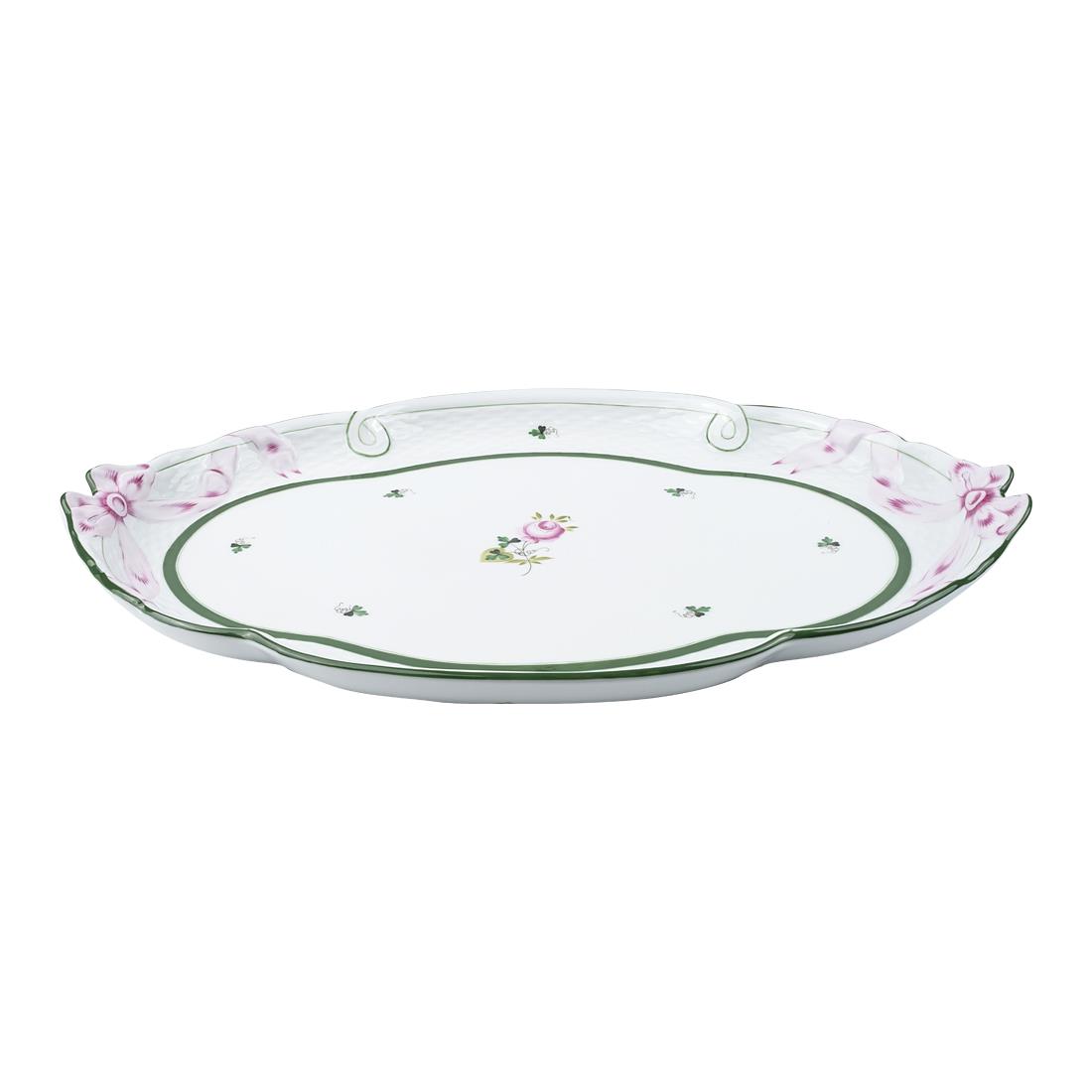 HEREND Tepsi Büyük Fiyonklu 40,5cm Vienna Rose Yeşil Çizgili Pembe Güllü