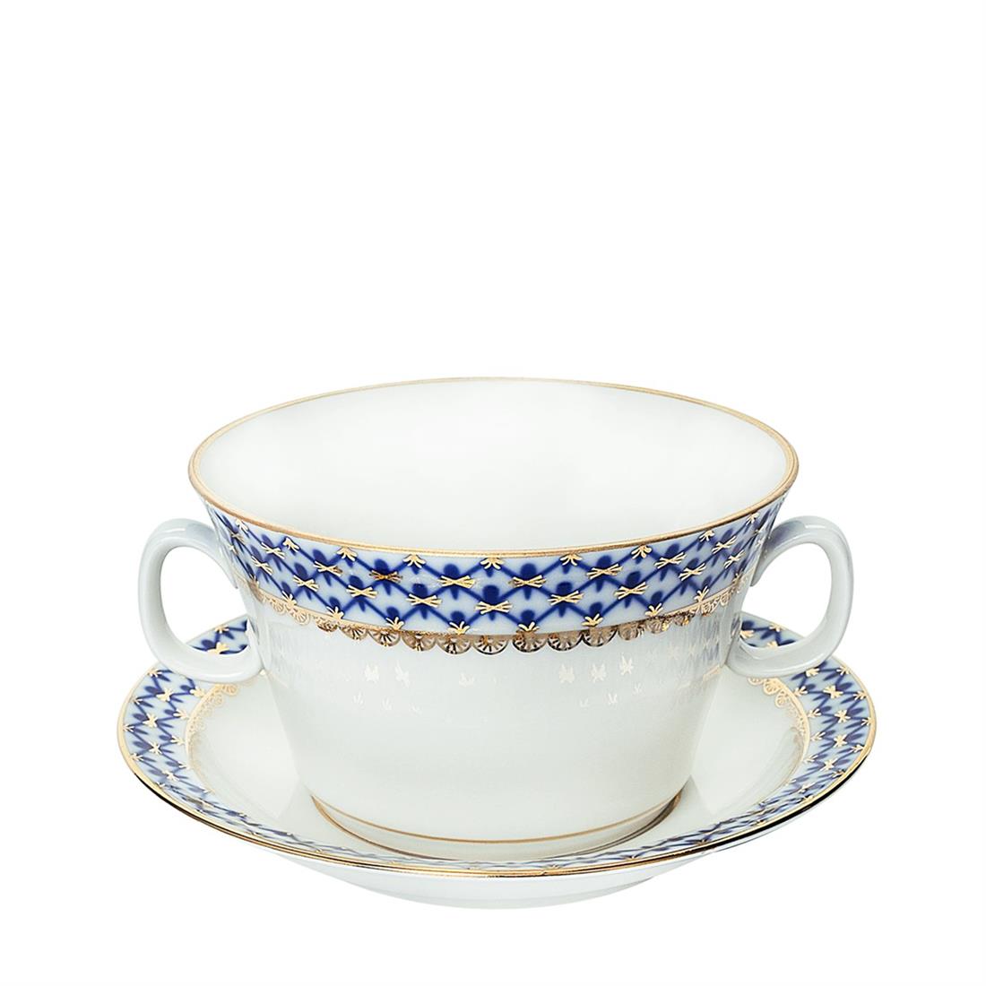 IMPERIAL PORCELAIN Soup Bowl Cobalt net Blue with Handle