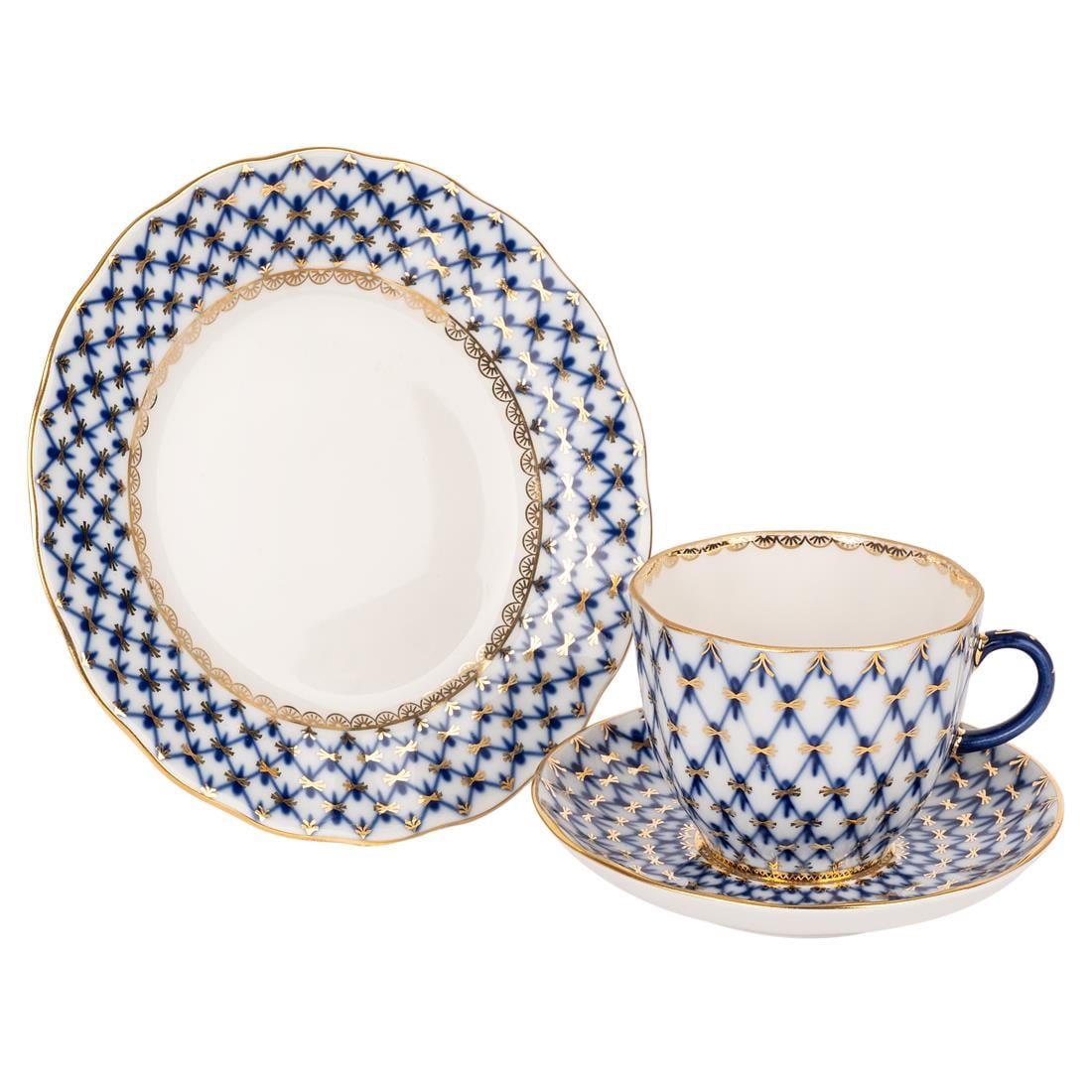 IMPERIAL PORCELAIN TRIO Kahve Fincanı 140 ml ve  Pasta Tabağı 15 cm  Cobalt net Mavi
