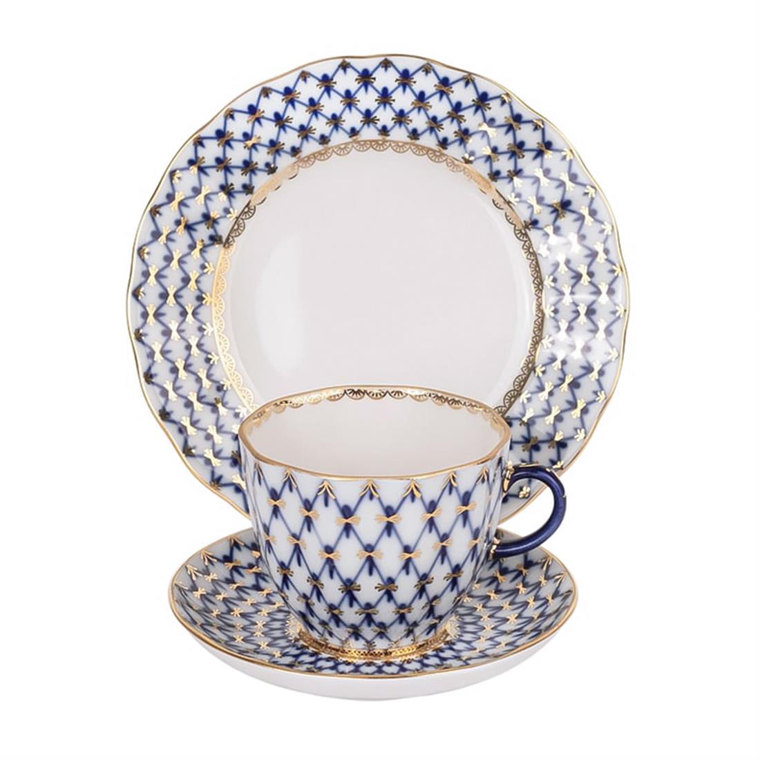IMPERIAL PORCELAIN TRIO Kahve Fincanı 140 ml ve  Pasta Tabağı 15 cm  Cobalt net Mavi