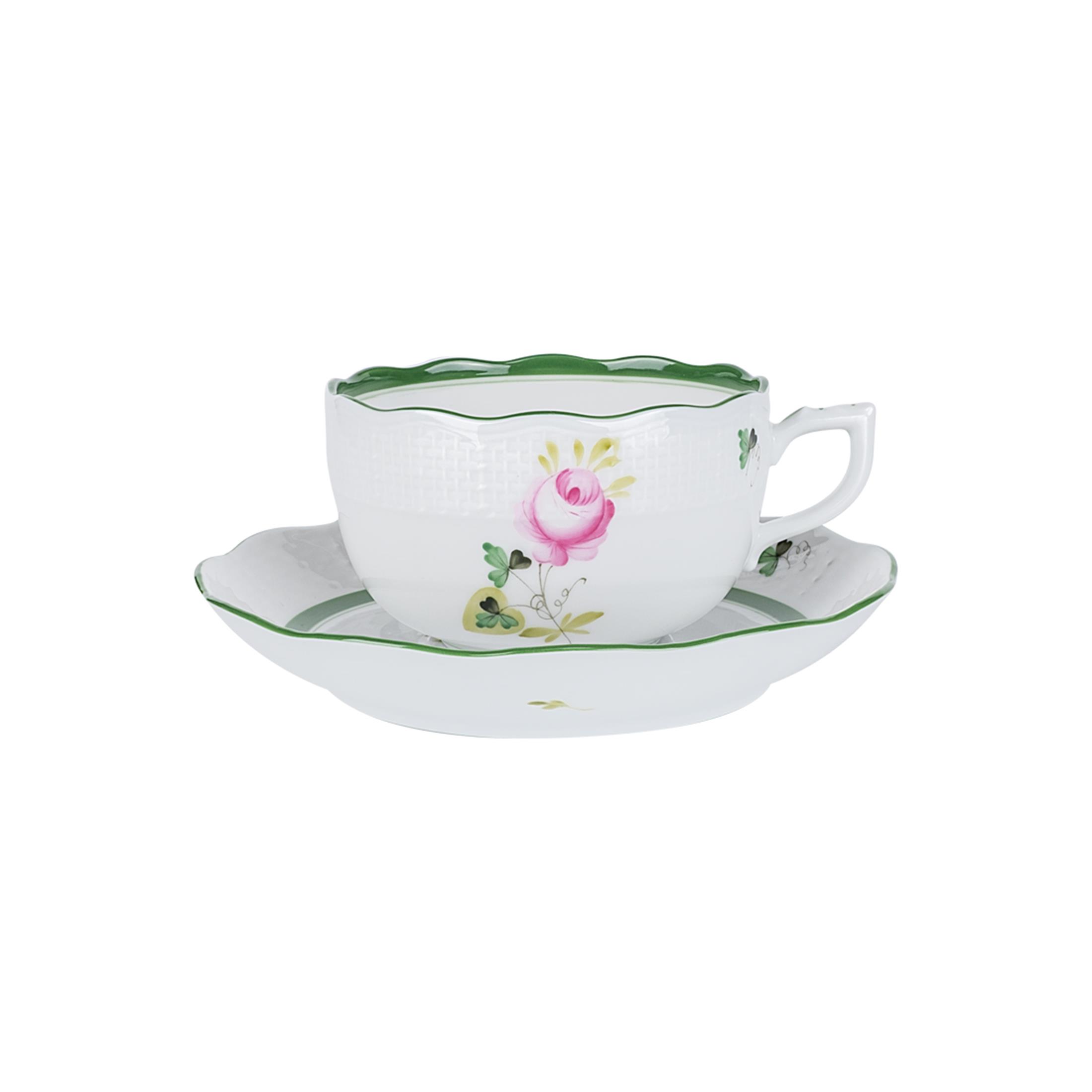 HEREND Çay Fincanı & Tabağı 200ml Vienna Rose Yeşil Çizgili Pembe Güllü