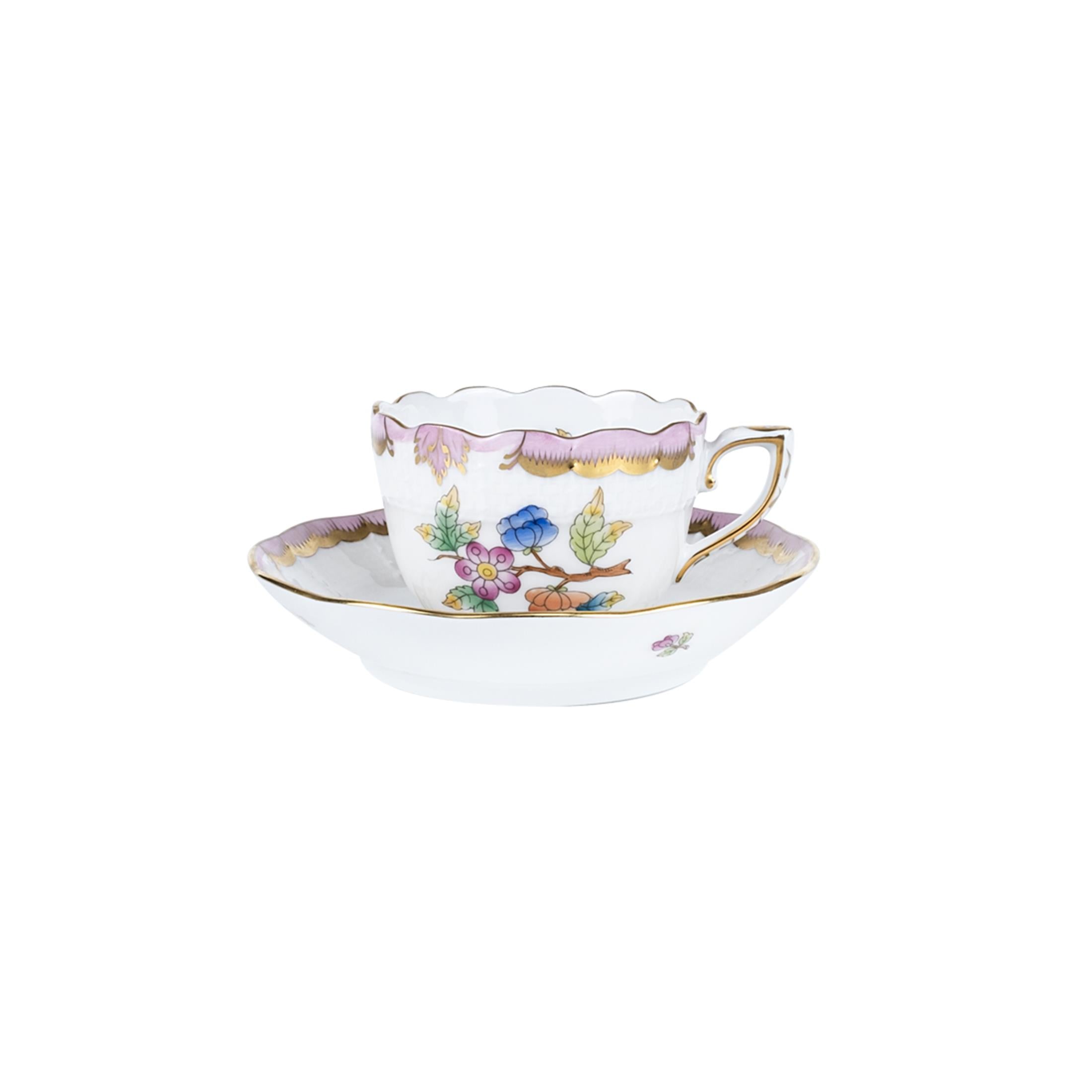 HEREND Kahve Fincanı & Tabağı 110ml Queen Victoria Renkli Açık Pembe Kenar