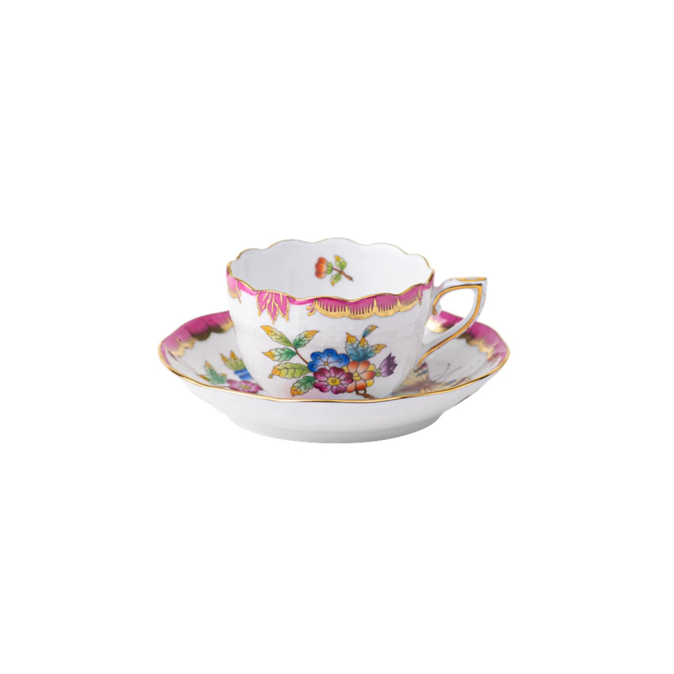 HEREND Kahve Fincanı & Tabağı 110ml Queen Victoria Renkli Pembe Kenar