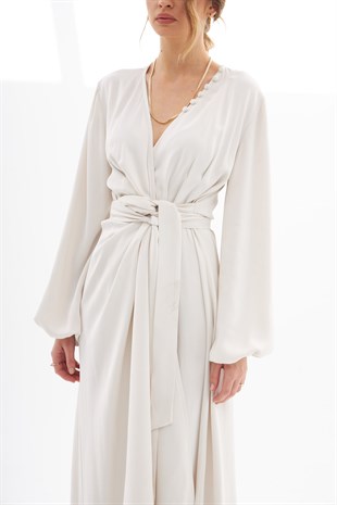 Ava Krem Beyaz İpek Saten Kruvaze Elbise