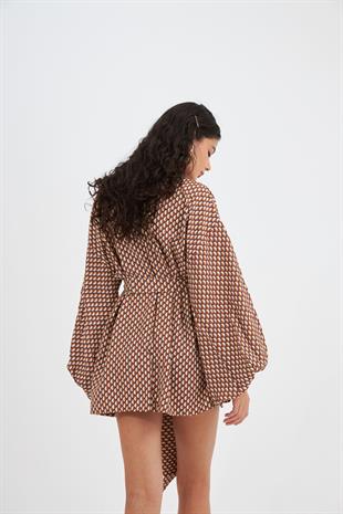 Bodhi Desenli Balon Kollu Bambu Keten Mini Kimono