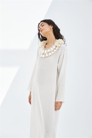 Daphne Pamuk Bürümcük Beyaz Oversize Yırtmaçlı Elbise