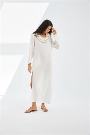Daphne Pamuk Bürümcük Beyaz Oversize Yırtmaçlı Elbise