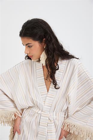Mara Pamuk Krem Gold Simli Püsküllü Panço Kimono Elbise